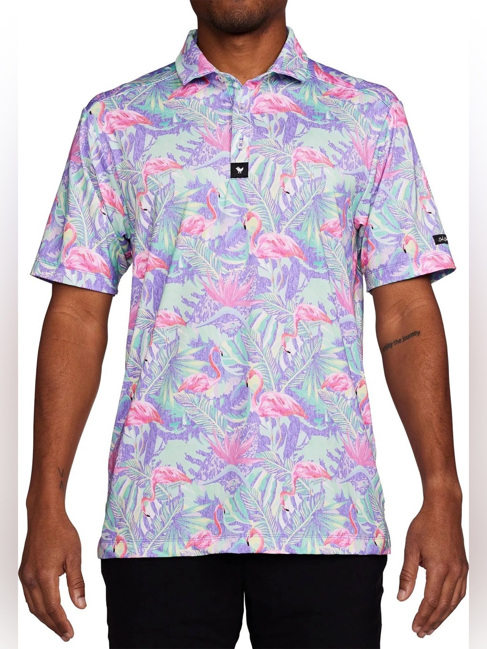 BAD BIRDIE Men’s Mingos Flamingos Palms Performance Short Sleeve Golf Polo